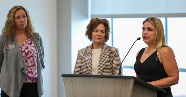 Holly Hatton-Bowers with UNL and Nebraska Extension discusses the state’s child care crisis Tuesday during an event announcing a new initiative to address this issue. (Photo by Erika Pritchard, UNK Communications)